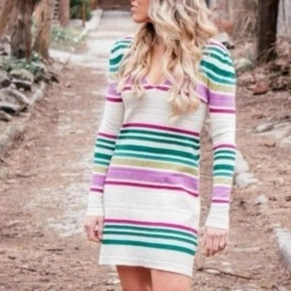 Free People Striped L/S Sweater Dress | Coastal Grandmother Dark Academia Prep M - Picture 13 of 15